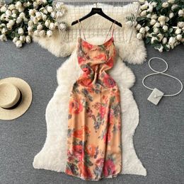 Casual Dresses Summer French Vintage Sexy Halo Dye Printed Strap Dress Women's Fit Slim Wrap Hip