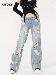 Women's Jeans Ripped For Women High Waisted Y2k Denim Pants Slim Loose Straight Light Blue Wide Leg Trousers Spring Fashion 2024