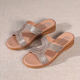 Slippers Women Wearing Fashionable Sandals Outside Summer 2024 Fairy Style Soft Bottom Slope Middle Heel Versatile Rhinestone