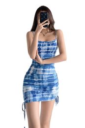 Women casual dresses spaghetti strap tie-dying lacing bandage gradient Colour bodycon tunic short desinger vestidos SML