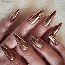 False Nails 24pcs detachable gold electroplated full cover ballet press on nails medium long simple coffin almond false nails tips with glue Y240419