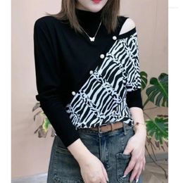 Women's T Shirts Spring Autumn Half High Collar Long Sleeve T-shirt Women Street Striped Printing Off Shoulder Embroidered Flares Pullovers