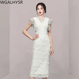 Casual Dresses Fashion Runway For Summer Dress Women Sexy V-Neck White Lace Temperament Slim Long Female Clothing