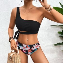 Women's Swimwear Floral Printed High Waist Bikinis Women 2024 One Shoulder Two Pieces Swimsuit Beachwear Separate Bikini Set Swim Bathing