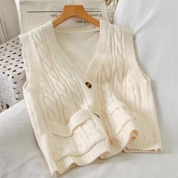 Women's Vests Jacket Vest Spring Double Pocket Cardigan Short Sweater Autumn Winter Sleeveless Knitted Chaleco Mujer