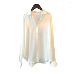 Women's Blouses Breathable Autumn Top Elegant Silky Satin Spring Fall Shirt With Turn-down Collar Long Sleeve Single-breasted For Formal