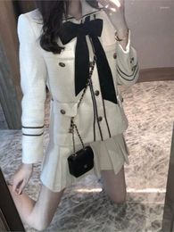 Work Dresses Long Sleeve Tweed Wool Skirts Set Women 2pcs Sets Knitted Coats Jacket Mini Skirt Two Piece Vintage Suits With Bow