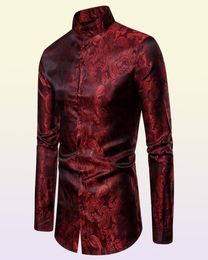 Fake Silk Paisley Tuxedo Shirts Autumn Streetwear Long Sleeve Mens Shirts Stand Collar Office Shirt Men Big and Tall Size XXL9614574