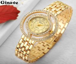 GINAVE Womens Fashion Gold Alloy Watches Round Dial Rhinestone Number quartz watch Ladies Wristwatch Relojes Mujer 20189026589