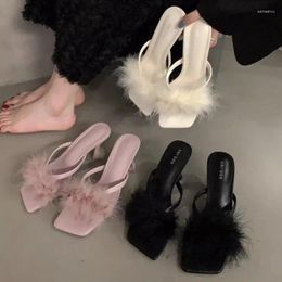 Slippers Summer Ladies High Heels Fluffy Women 2024 Fashion Temperament Fine