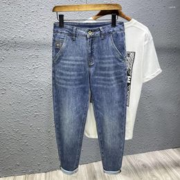 Men's Jeans Spring And Summer Fashion Elastic Ankle-length Pants Dark Blue Washed Loose Straight Fit Korean Style