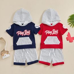 Clothing Sets Kids Boy Summer Sportwear Letters Baseball Print Hooded Short Sleeve Pocket T-shirt With Striped Shorts Casual Outfits