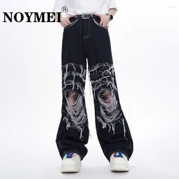 Jeans masculino Noyymei Hole Design Patch All-Match 2024 Summer Jean Jean High Street Trendy Loose Wide Wide Pants Men Chic Wa4383