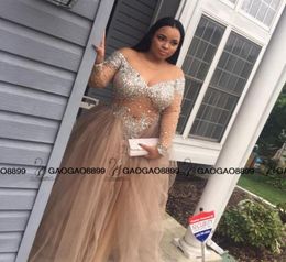 champange Sequined Plus Size long sleeve Prom Dresses A Line Pleats Cheap Party evening Formal Gowns Long Sparkling Vestido Format3610775