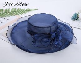 Womens Elegant Ruffles Floppy Wide Brim Hats Top Flower Cap Party Wedding Hat Big Summer Sun7287418