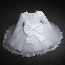 Girl's Dresses Baby Girls Long Sleeve Dresses for Xmas Party Wedding Lace Big Bow Dresses Infant Girl 1st Birthday Princess White Baptism Dress d240423