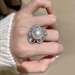 Cluster Rings Charm Flower Pearl Diamond Ring Real 925 Sterling Silver Party Wedding Band For Women Bridal Engagement Jewelry