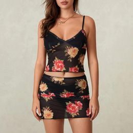 Work Dresses Women's Summer Mini Skirt Outfit Sleeveless V Neck Low Cut Cami Top And Elastic Waist Flower Print Set