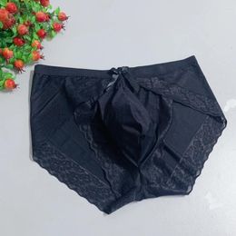 Underpants Sexy Men Ice Silk Lace Breathable Sweat Panties Bow Comfortable Sissy Underwear Bulge Pouch Erotic Lingerie