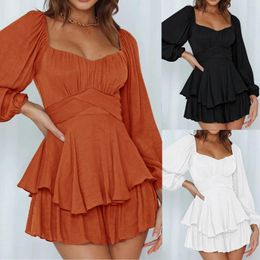 Casual Dresses Trendy Women's Summer Culottes For Women Long Sleeve Short Dress U Neck Solid Colour Shorts Ruffle Sundresses