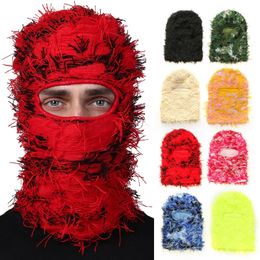 Hip Hop Balaclava Distressed Knitted Caps Full Face Ski Mask Women Outdoor Camouflage Fuzzy Ski Balaclava Beanies Hat 240419