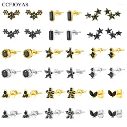 Stud Earrings CCFJOYAS 925 Sterling Silver Black Color Zircon Round/Flower/Rectangle/Marquise Shaped For Women Piercing Jewelry