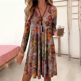 Casual Dresses Vintage Gradient Prinitng Floral Dress Women's Fashion V-Neck Long Sleeve Higt Waist A-Line Loose Holiday