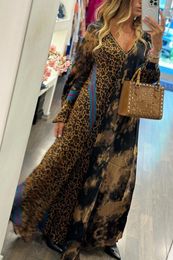 Casual Dresses Women Leopard Print V Neck Full Sleeve Loose Fit Spliced A Line Long Skirts Office Lady Winter 2024