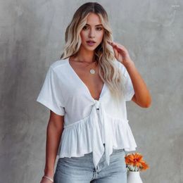 Women's Blouses Women Summer Tops Solid Color V-Neck Short Sleeve Splicing T-shirt Knot Design Ruffle Hem Loose Tee Clothing