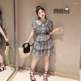 Girl Dresses Child Girls Shirt Dress Plaid Ruffles Layered Blouse Summer Young Children Outfit Elegant Fashion Clothes 3-16Yrs