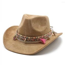 Berets Four Seasons Cowboy Hats For Women And Men Bohemian Style Caps Suede 57-58cm Braided Straps Tassel Decoration 2024 In