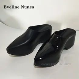 Slippers Patent Leather Platform Black Pointed Toe Height Increasing Slip On Shallow Women Sandals Solid Big Size Casual Shoes