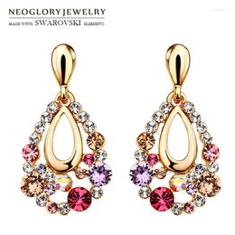 Dangle Earrings Neoglory Austria Rhinestone Long Water Drop Style Colorful Design Party Gift Trendy Classic Rose Gold Color Holiday