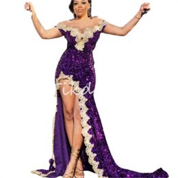 Plus Size Purple Sequin Prom Dresses With Appliques Off Shoulders High Slit Evening Dress Black Girls Dance Formal Dress 2024 Sweep Train Special Occasion Party Gown