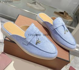 Slippers Khaki Suede Loafers Slipper Women Babouche Summer Walk Shoes Open Back Flat Metal Decorate Slides