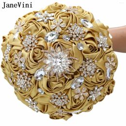 Wedding Flowers JaneVini Sparkly Gold Satin Roses Bride Bouquet Crystal Rhinestone Gemstones Bridal Artificial Bridesmaid 2024