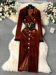 Casual Dresses EWQ Elegant Chic Women's Dress Long-sleeve Velvet Metal Single-breasted High Waist A-line Winter Spring 2024 SN4850