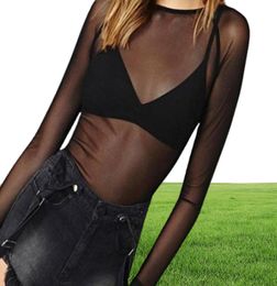 Womens TShirt Seethrough Sheer Mesh Long Sleeve Tee Top Club wear Perspective Pullover Black Sexy Girl Clothing7771066