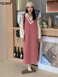 Casual Dresses YZJNH 2024 Autumn/Winter V-neck Knitted Vest Dress Korean Edition Loose Pink Sleeveless Sweater Women