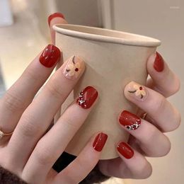 False Nails 24pcs/box Red Year's Wear Flower Diamond Nail Art Short Style Fake