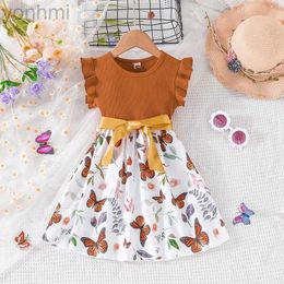 Girl's Dresses Dress For Kids 3-7 Years old Ruffled Sleeve Butterfly Floral Tulle Cute Princess Formal Dresses with Belt Ootd For Baby Girl d240423