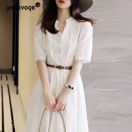 Summer Elegant Fashion White Embroidery Hollow Dress Ladies Short Sleeve Simple Casual Waist A-line Dresses Sweet Cotton Robe 240417