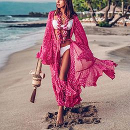 Summer Fashion Pink Mesh Beach Cover Up Dress Women Sexy Polka Dot Print Kaftan Tunic Long Pareos Bikinis Ups