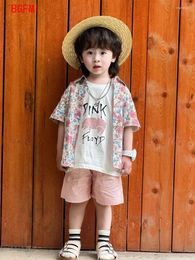 Clothing Sets 2-9 Y Boys Flower Summer Shirt Shorts Two Piece Outfits Set 2024 Korean Children's Clothes Fresh Birthday Pink Coat