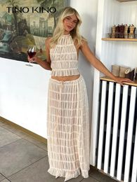 Fashion Solid Hang Neck Long Skirt Suit Women Backless Sling Top Lace Up Fold Maxi Skirts Spring Summer Female 2 Piece Set 240403