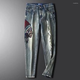 Men's Jeans Elastic Ripped Embroidered Vintage Plus Size Cowboy Trousers For Male Frayed Baggy Straight Denim Pants