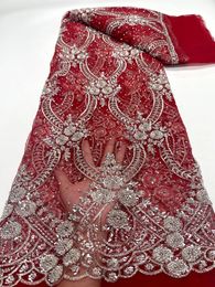 2024 Sexy Red High Quality African Lace Fabric Sequins Mesh Luxury Heavy bead Embroidered Tulle Fabric for Sewing Dresses J7194 240408