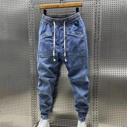 Men's Jeans Multi-pocket Men Trousers Elastic Drawstring Waist Denim Cargo Pants With Pockets Casual Spring Autumn Harem For Solid