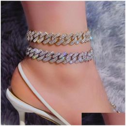 Anklets 14 Mm Iced Out Miami Cuban Link Chain Anklet For Women Gold Sier Color Prong Rhombus Bracelet Hip Hop Jewelry Drop Delivery Otnd1