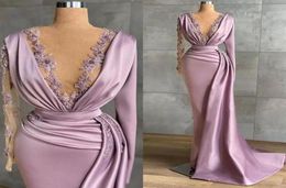 NEW Elegant Satin Mermaid Evening Dresses with Long Sleeves Deep V Neck Lace Appliqued Prom Party Gowns Arabic Aso Ebi Ruched S2994771